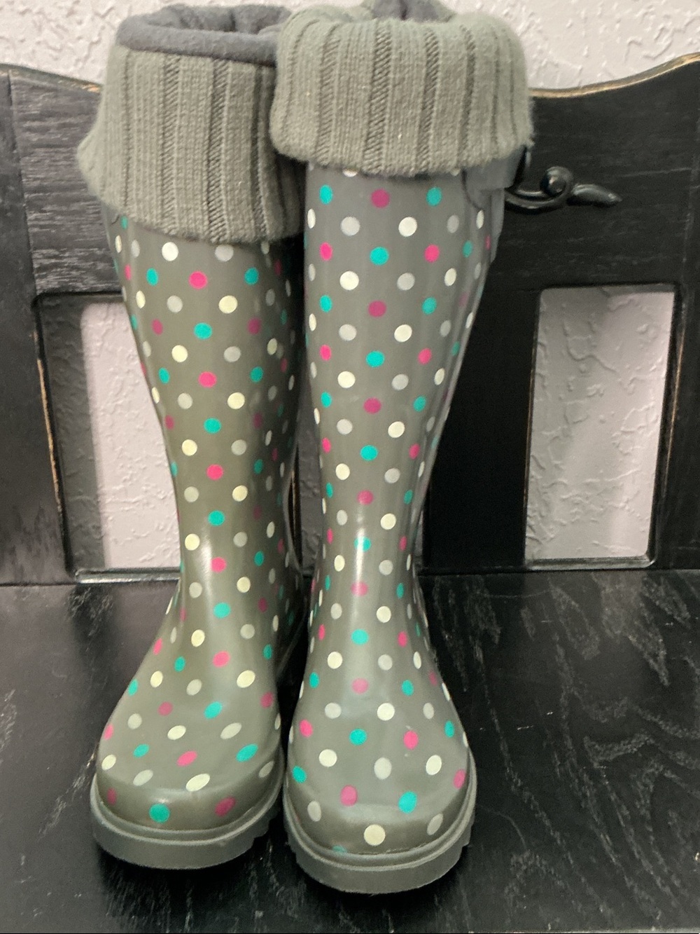 Gray Polka Dot Rain Boots with Knit Cuff